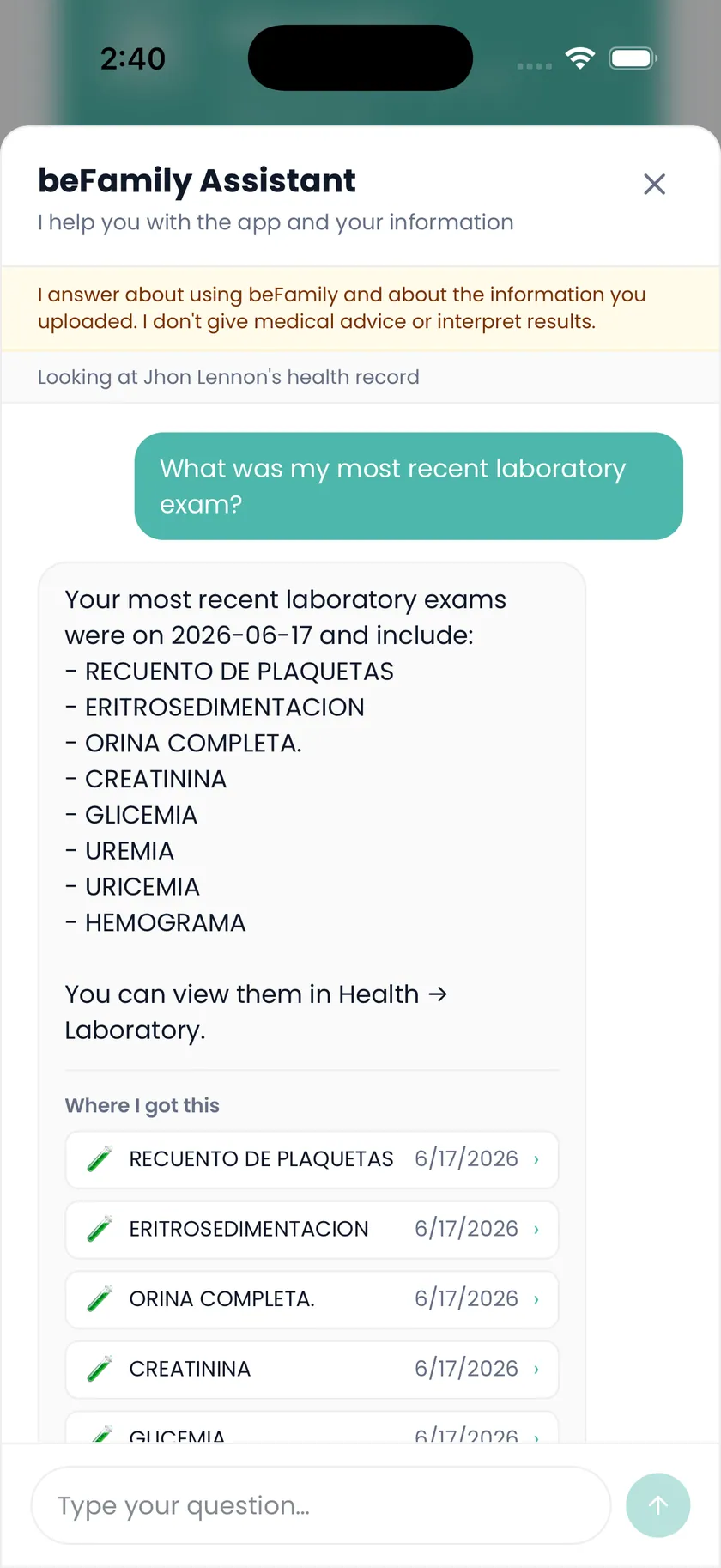 beFamily assistant answering about uploaded records, showing its sources and the notice that it does not interpret results
