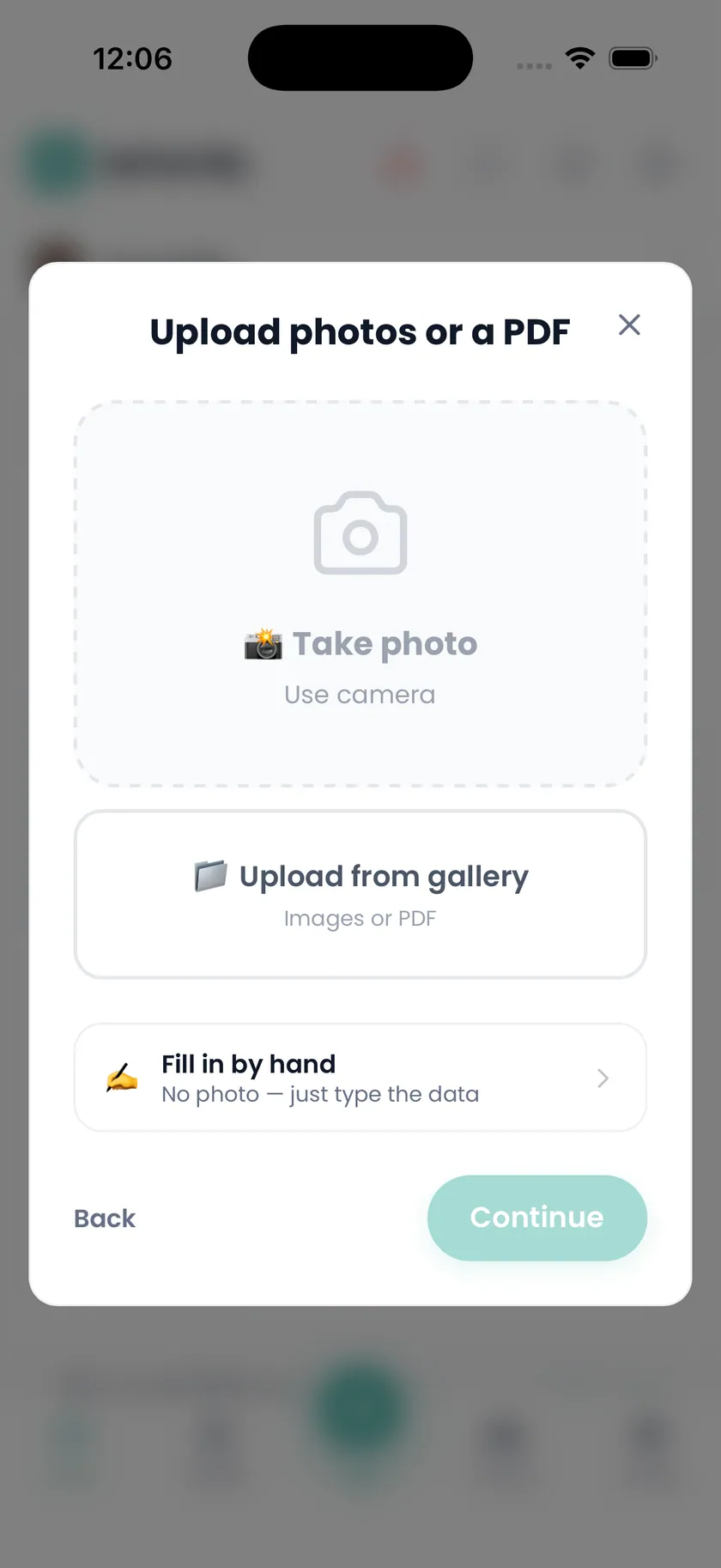 beFamily screen to upload a record: take a photo, upload from gallery, or fill it in by hand