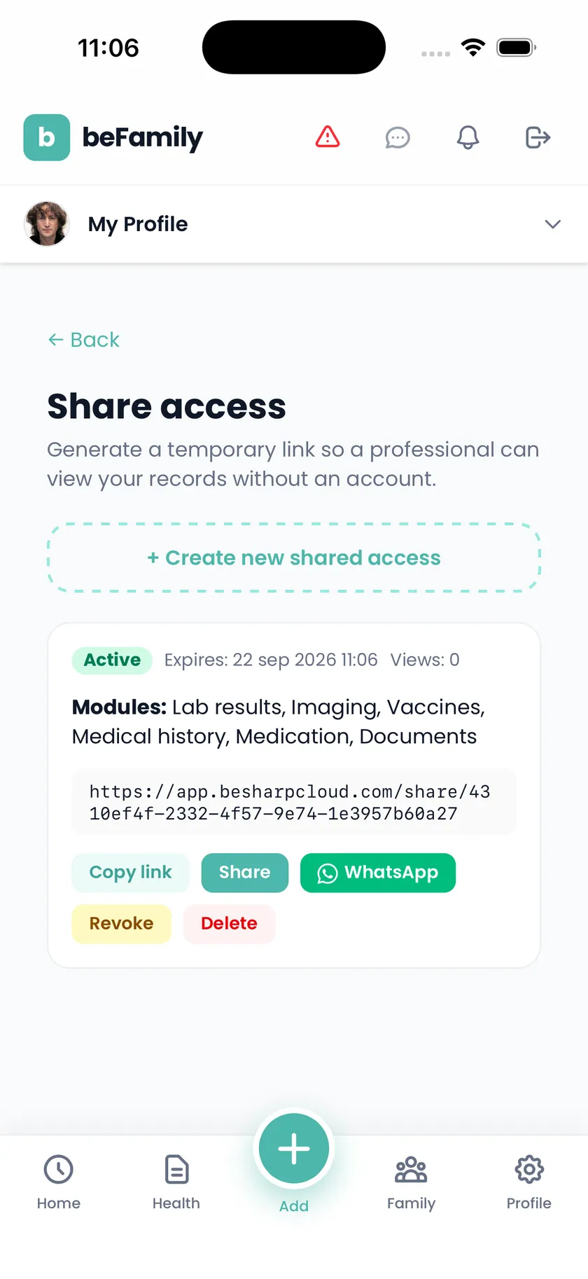 Active shared access in beFamily, showing its expiry date, the included modules, and the button to revoke it