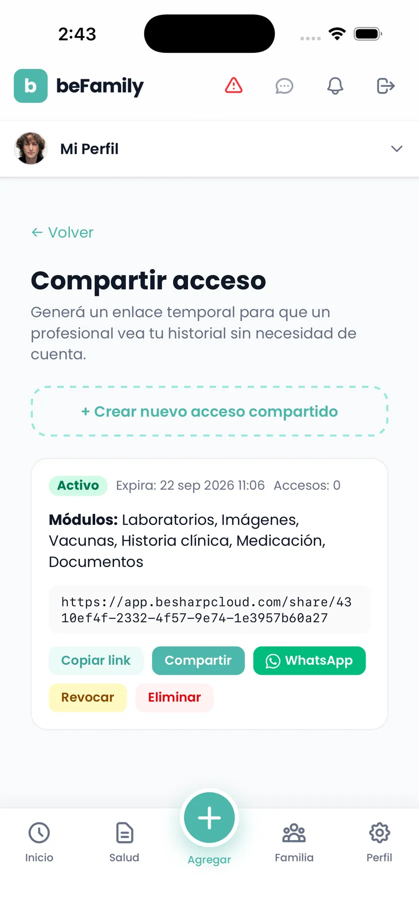 Acceso compartido activo en beFamily, con su fecha de vencimiento, los módulos incluidos y el botón para revocarlo