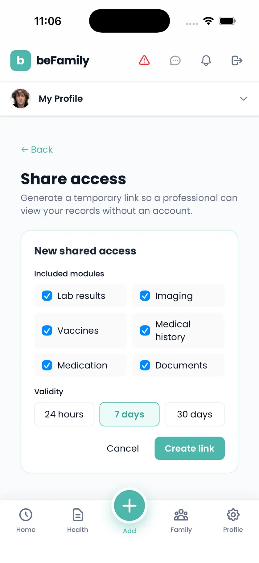 beFamily form to create a shared access: which modules to include and for how long