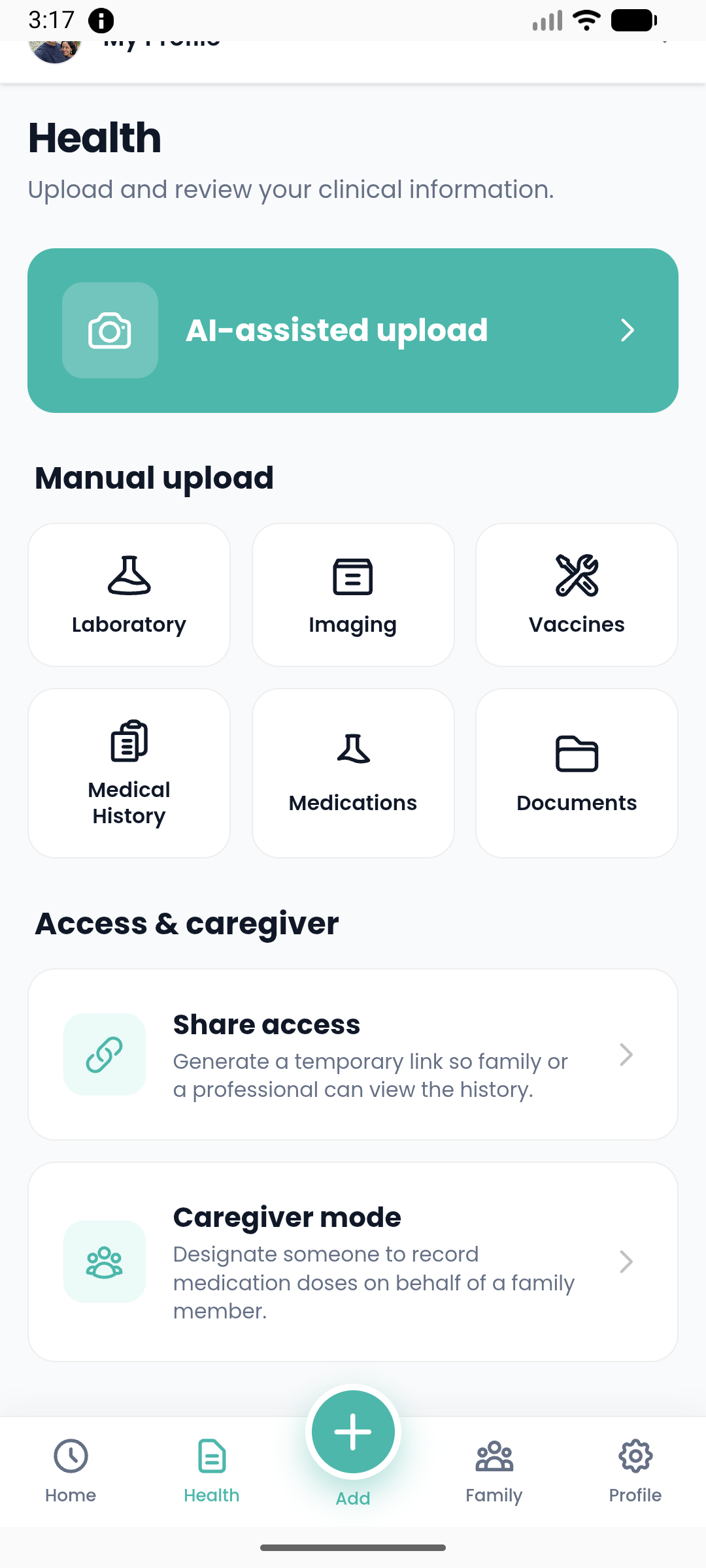 beFamily health access and sharing screen