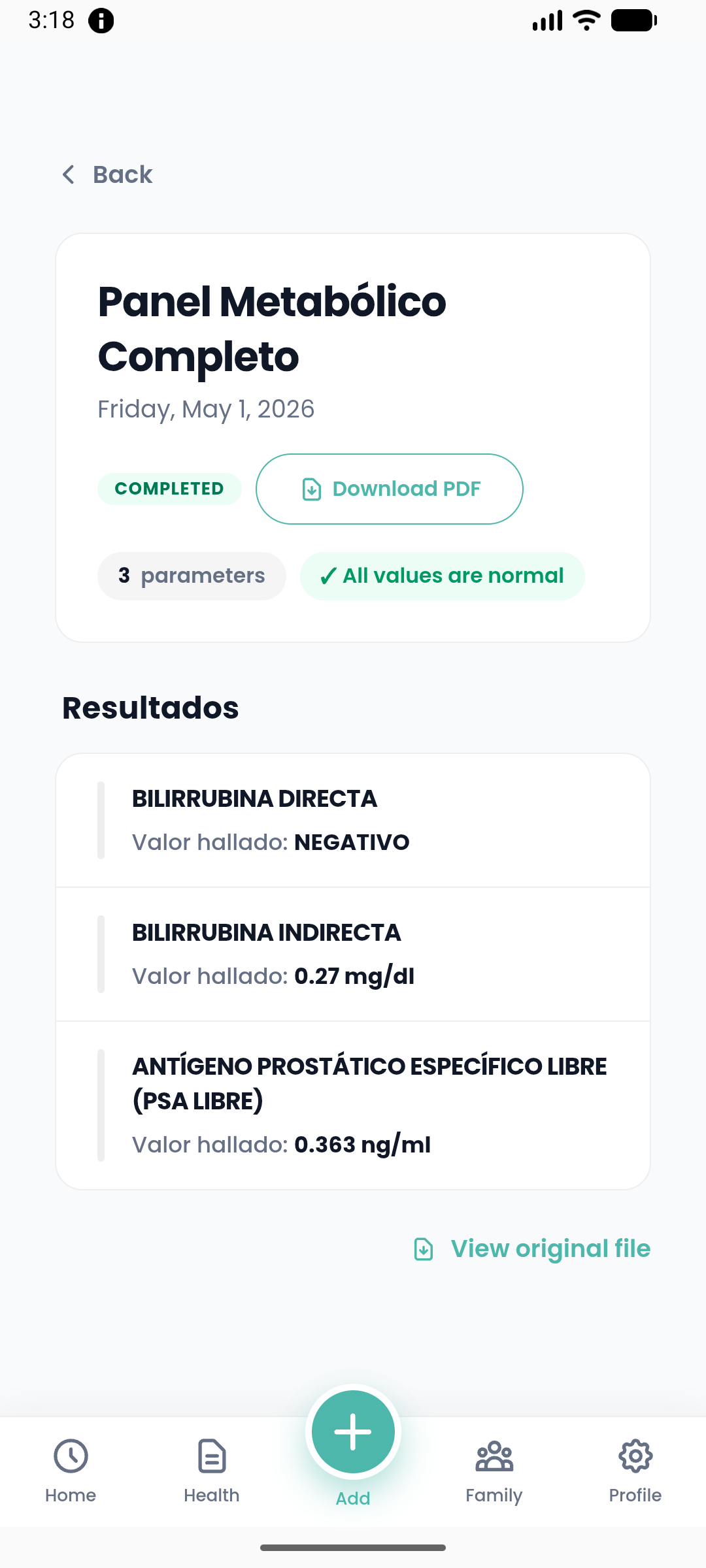 beFamily lab result detail screen